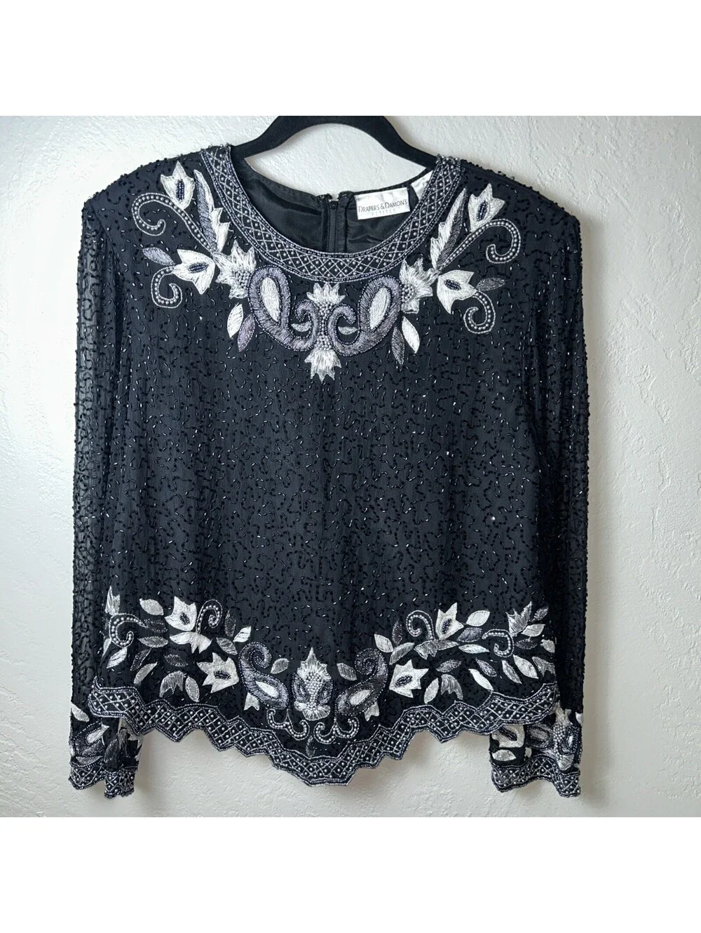 Drapers & Damon Women's Black Beaded Silk Evening Blouse, XL